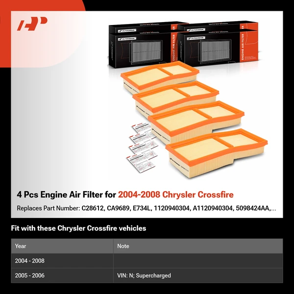 4 Pcs Engine Air Filter for 2004-2008 Chrysler Crossfire