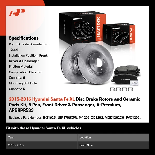 2015-2016 Hyundai Santa Fe XL Disc Brake Rotors and Ceramic Pads Kit, 6 Pcs, Front Driver & Passenger, A-Premium, APBRPR583