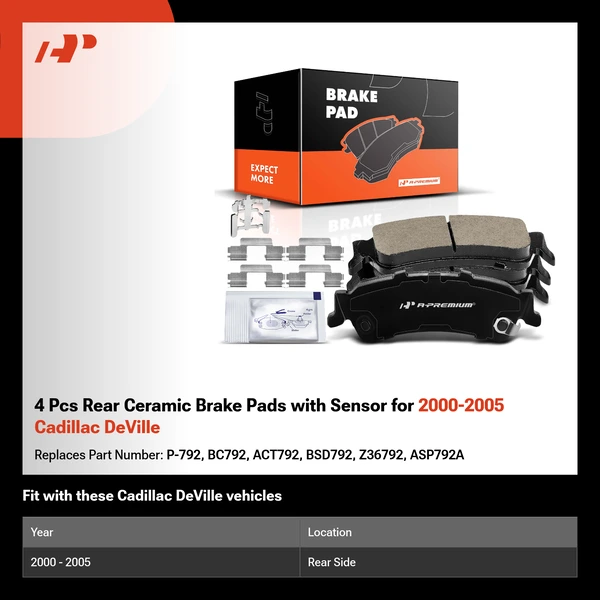 4 Pcs Rear Ceramic Brake Pads with Sensor for 2000-2005 Cadillac DeVille