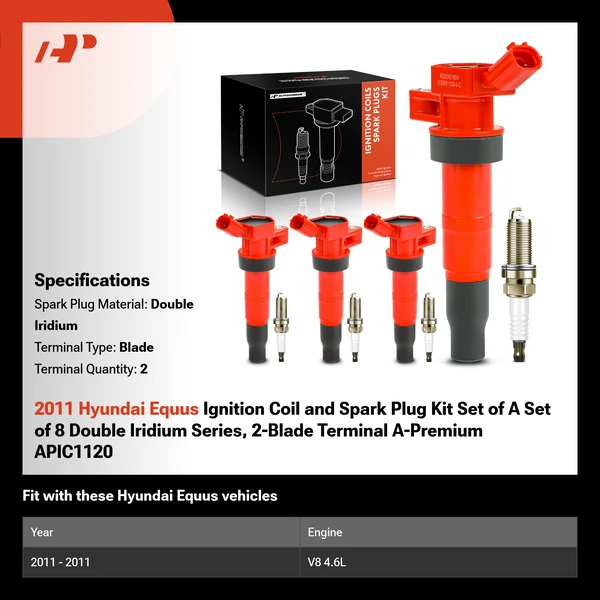 2011 Hyundai Equus Ignition Coil and Spark Plug Kit Set of A Set of 8 Double Iridium Series, 2-Blade Terminal A-Premium APIC1120