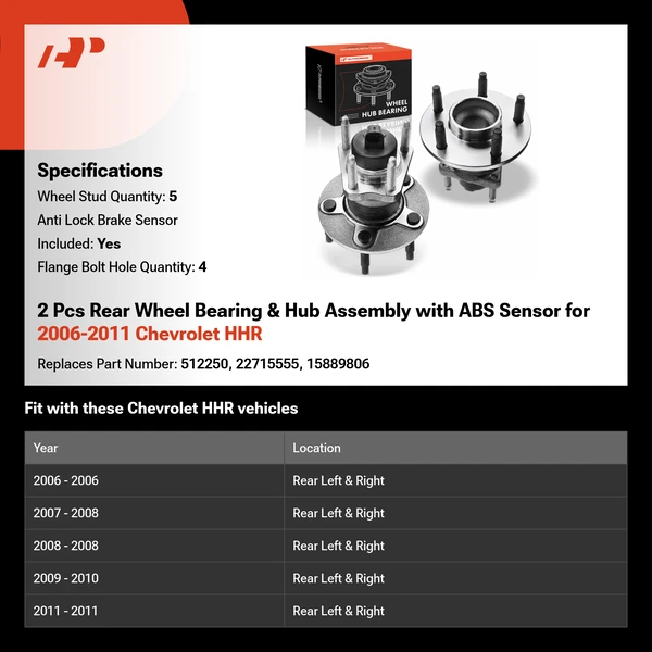 2 Pcs Rear Wheel Bearing & Hub Assembly with ABS Sensor for 2006-2011 Chevrolet HHR