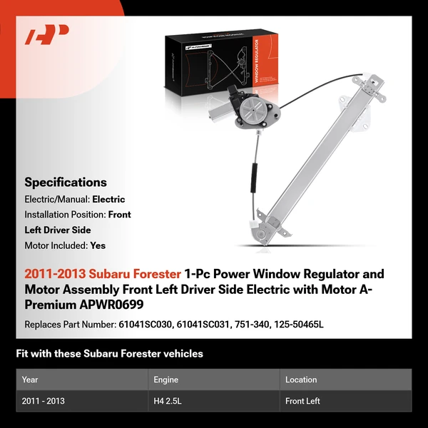 2011-2013 Subaru Forester 1-Pc Power Window Regulator and Motor Assembly Front Left Driver Side Electric with Motor A-Premium APWR0699
