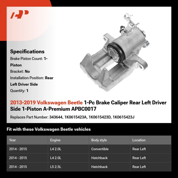 2013-2019 Volkswagen Beetle 1-Pc Brake Caliper Rear Left Driver Side 1-Piston A-Premium APBC0017