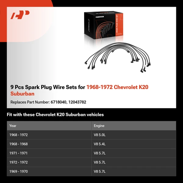 9 Pcs Spark Plug Wire Sets for 1968-1972 Chevrolet K20 Suburban