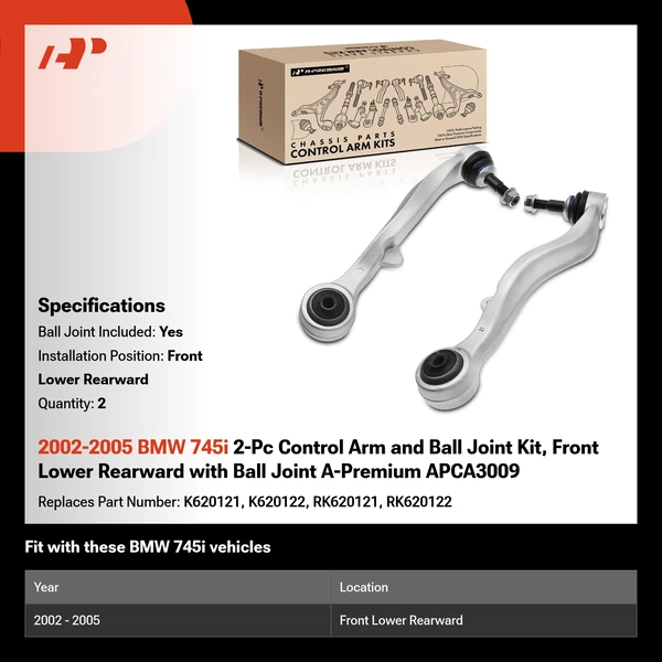 2002-2005 BMW 745i 2-Pc Control Arm and Ball Joint Kit, Front Lower Rearward with Ball Joint A-Premium APCA3009