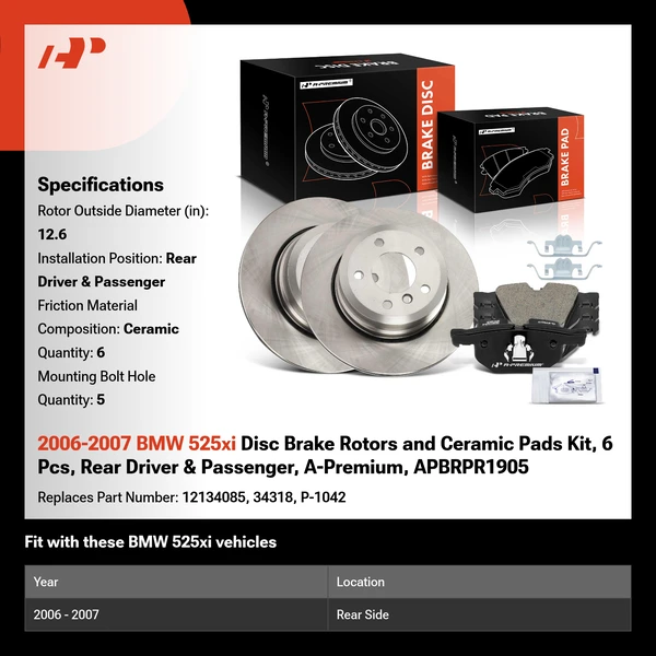 2006-2007 BMW 525xi Disc Brake Rotors and Ceramic Pads Kit, 6 Pcs, Rear Driver & Passenger, A-Premium, APBRPR1905