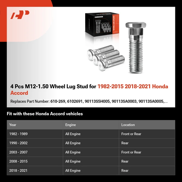 4 Pcs M12-1.50 Wheel Lug Stud for 1982-2015 2018-2021 Honda Accord