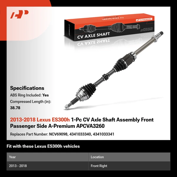 2013-2018 Lexus ES300h 1-Pc CV Axle Shaft Assembly Front Passenger Side A-Premium APCVA3260