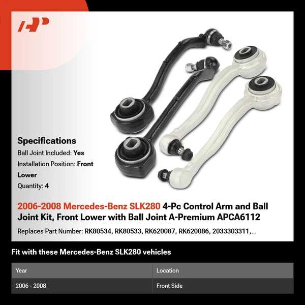 2006-2008 Mercedes-Benz SLK280 4-Pc Control Arm and Ball Joint Kit, Front Lower with Ball Joint A-Premium APCA6112