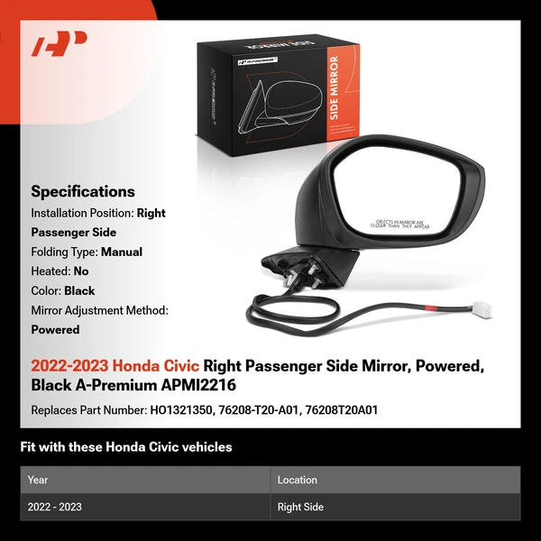 2022-2023 Honda Civic Right Passenger Side Mirror, Powered, Black A-Premium APMI2216