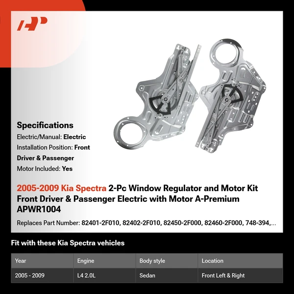2005-2009 Kia Spectra 2-Pc Window Regulator and Motor Kit Front Driver & Passenger Electric with Motor A-Premium APWR1004