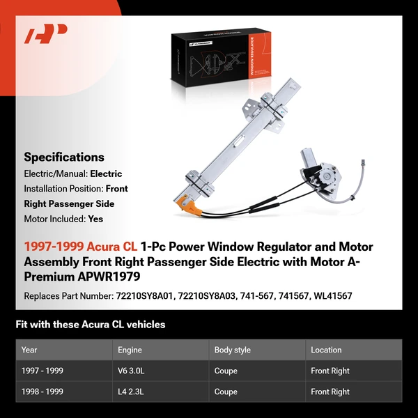1997-1999 Acura CL 1-Pc Power Window Regulator and Motor Assembly Front Right Passenger Side Electric with Motor A-Premium APWR1979