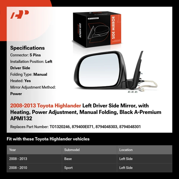 2008-2013 Toyota Highlander Left Driver Side Mirror, with Heating, Power Adjustment, Manual Folding, Black A-Premium APMI132
