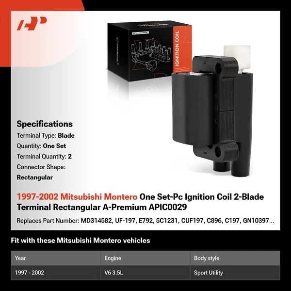1997-2002 Mitsubishi Montero One Set-Pc Ignition Coil 2-Blade Terminal Rectangular A-Premium APIC0029