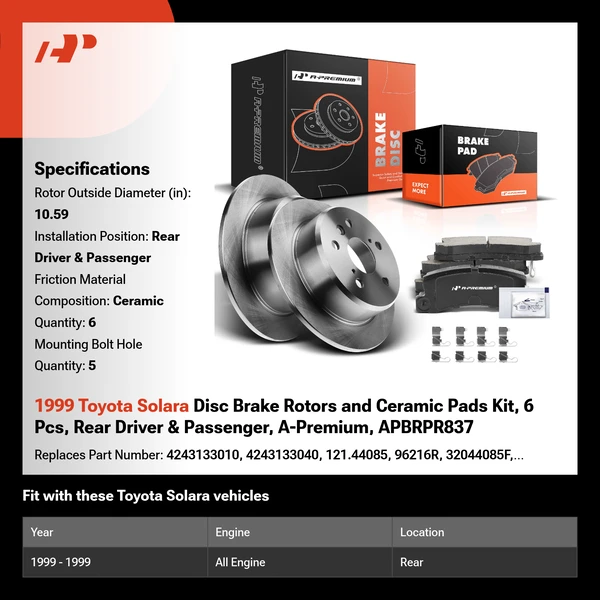 1999 Toyota Solara Disc Brake Rotors and Ceramic Pads Kit, 6 Pcs, Rear Driver & Passenger, A-Premium, APBRPR837