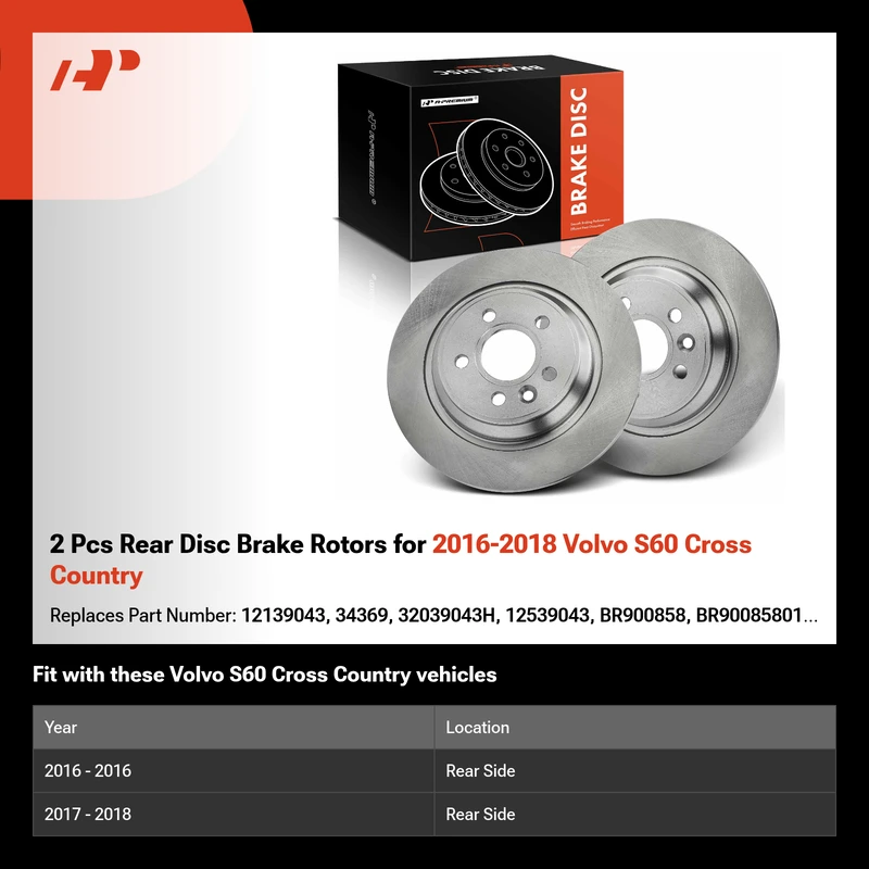 2 Pcs Rear Disc Brake Rotors for 2016-2018 Volvo S60 Cross Country