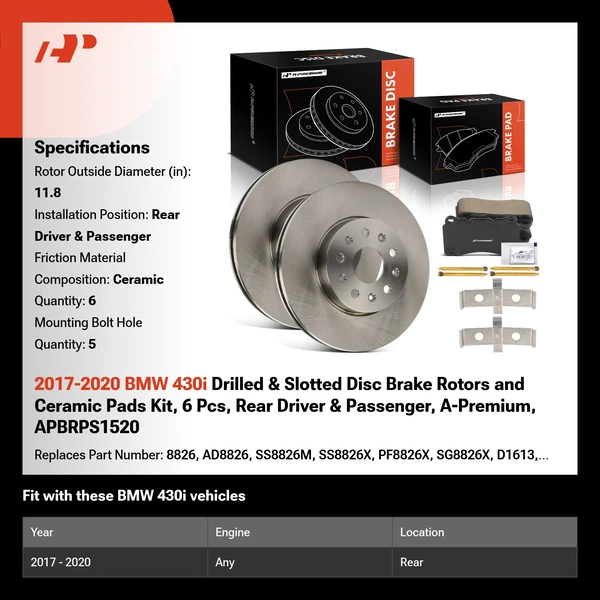 2017-2020 BMW 430i Drilled & Slotted Disc Brake Rotors and Ceramic Pads Kit, 6 Pcs, Rear Driver & Passenger, A-Premium, APBRPS1520