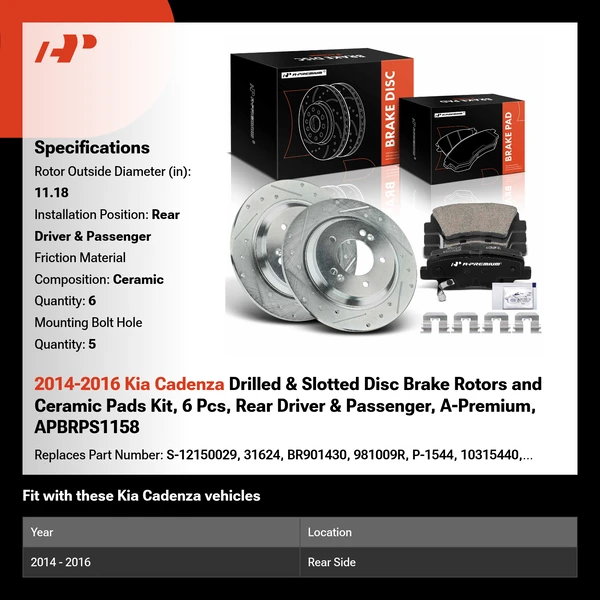 2014-2016 Kia Cadenza Drilled & Slotted Disc Brake Rotors and Ceramic Pads Kit, 6 Pcs, Rear Driver & Passenger, A-Premium, APBRPS1158