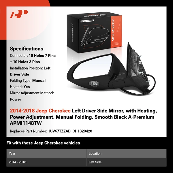 2014-2018 Jeep Cherokee Left Driver Side Mirror, with Heating, Power Adjustment, Manual Folding, Smooth Black A-Premium APMI1148TW