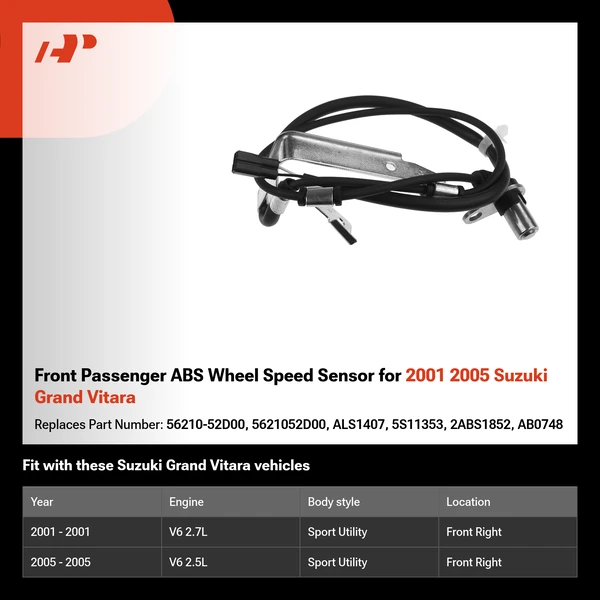 Front Passenger ABS Wheel Speed Sensor for 2001 2005 Suzuki Grand Vitara