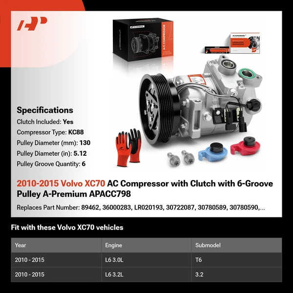 2010-2015 Volvo XC70 AC Compressor with Clutch with 6-Groove Pulley A-Premium APACC798