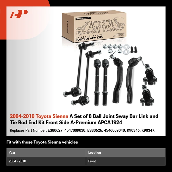 2004-2010 Toyota Sienna A Set of 8 Ball Joint Sway Bar Link and Tie Rod End Kit Front Side A-Premium APCA1924