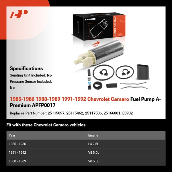 1985-1986 1988-1989 1991-1992 Chevrolet Camaro Fuel Pump A-Premium APFP0017