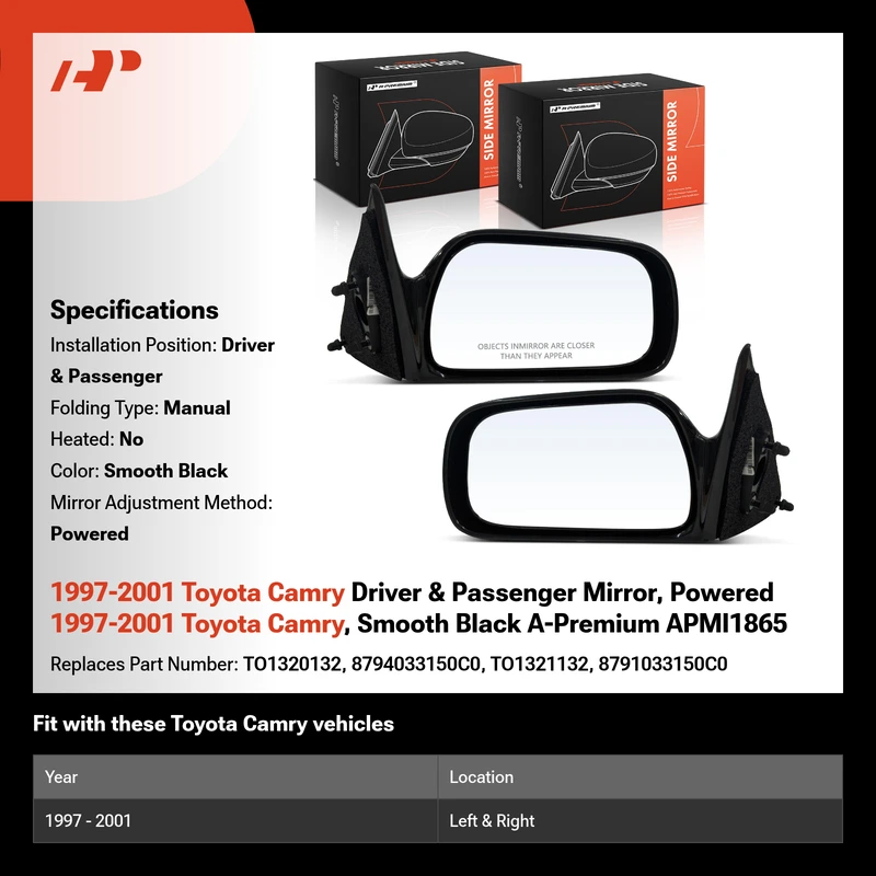 1997-2001 Toyota Camry Driver & Passenger Mirror, Powered 1997-2001 Toyota Camry, Smooth Black A-Premium APMI1865