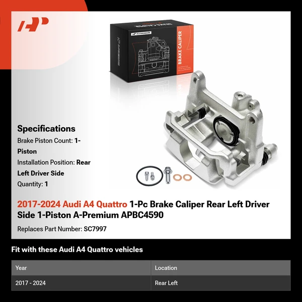 2017-2024 Audi A4 Quattro 1-Pc Brake Caliper Rear Left Driver Side 1-Piston A-Premium APBC4590