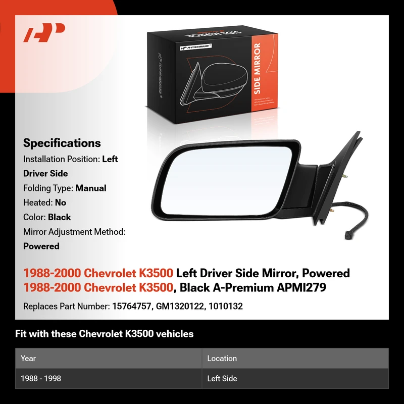 1988-2000 Chevrolet K3500 Left Driver Side Mirror, Powered 1988-2000 Chevrolet K3500, Black A-Premium APMI279