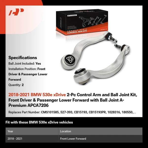 2018-2021 BMW 530e xDrive 2-Pc Control Arm and Ball Joint Kit, Front Driver & Passenger Lower Forward with Ball Joint A-Premium APCA7206
