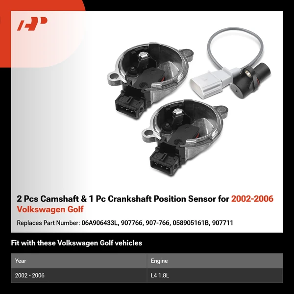 2 Pcs Camshaft & 1 Pc Crankshaft Position Sensor for 2002-2006 Volkswagen Golf