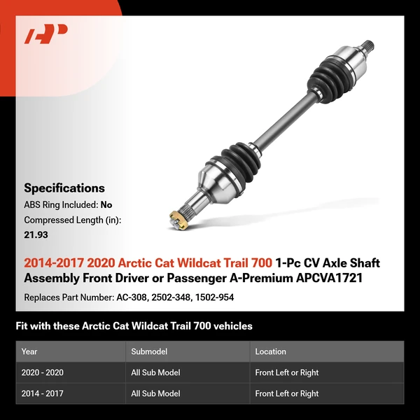 2014-2017 2020 Arctic Cat Wildcat Trail 700 1-Pc CV Axle Shaft Assembly Front Driver or Passenger A-Premium APCVA1721