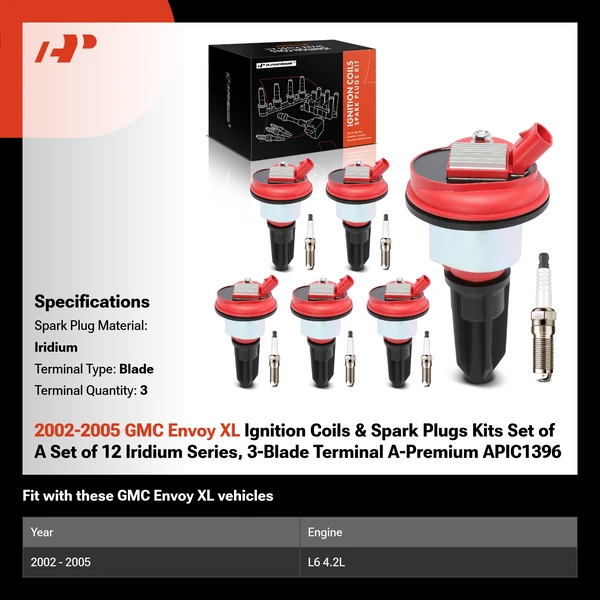 2002-2005 GMC Envoy XL Ignition Coils & Spark Plugs Kits Set of A Set of 12 Iridium Series, 3-Blade Terminal A-Premium APIC1396