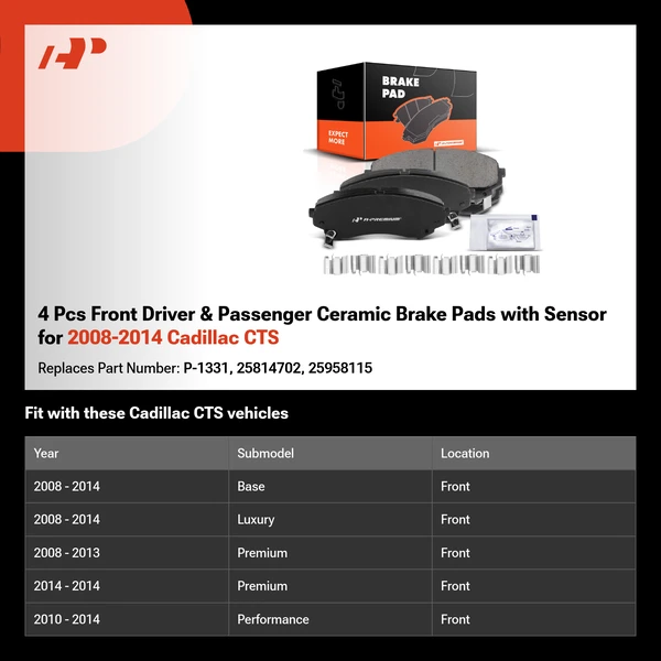 4 Pcs Front Driver & Passenger Ceramic Brake Pads with Sensor for 2008-2014 Cadillac CTS