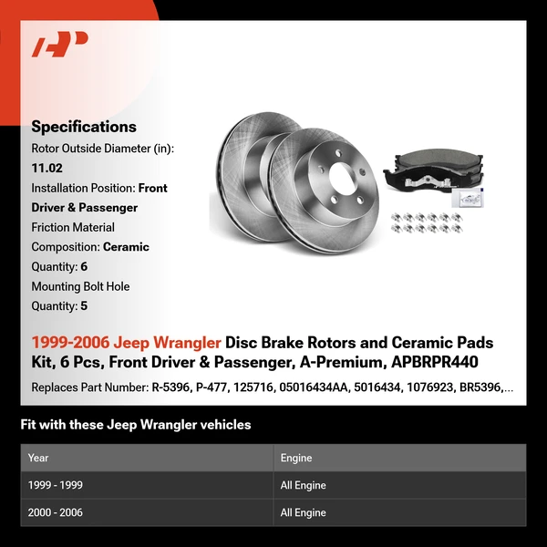 1999-2006 Jeep Wrangler Disc Brake Rotors and Ceramic Pads Kit, 6 Pcs, Front Driver & Passenger, A-Premium, APBRPR440