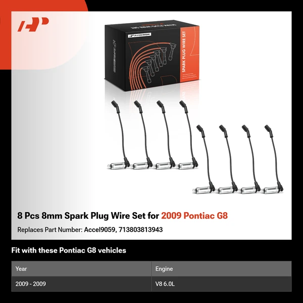 8 Pcs 8mm Spark Plug Wire Set for 2009 Pontiac G8
