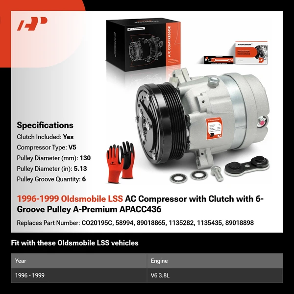 1996-1999 Oldsmobile LSS AC Compressor with Clutch with 6-Groove Pulley A-Premium APACC436