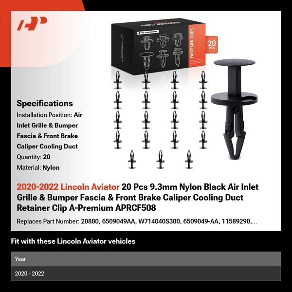 2020-2022 Lincoln Aviator 20 Pcs 9.3mm Nylon Black Air Inlet Grille & Bumper Fascia & Front Brake Caliper Cooling Duct Retainer Clip A-Premium APRCF508