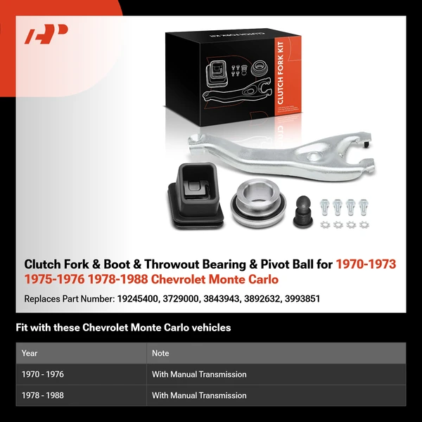 Clutch Fork & Boot & Throwout Bearing & Pivot Ball for 1970-1973 1975-1976 1978-1988 Chevrolet Monte Carlo