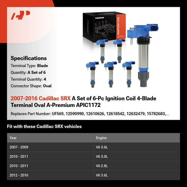 2007-2016 Cadillac SRX A Set of 6-Pc Ignition Coil 4-Blade Terminal Oval A-Premium APIC1172