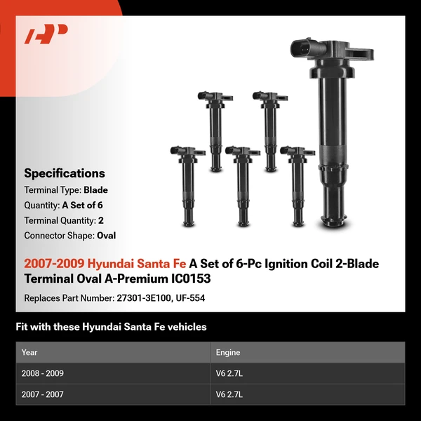 2007-2009 Hyundai Santa Fe A Set of 6-Pc Ignition Coil 2-Blade Terminal Oval A-Premium IC0153