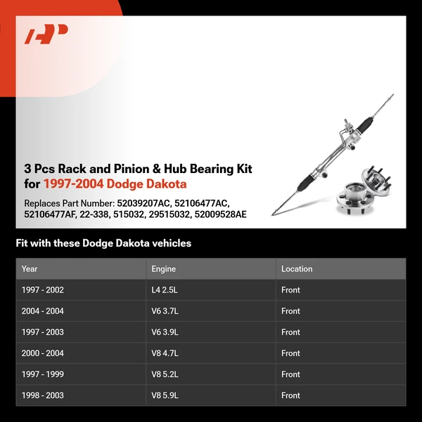 3 Pcs Rack and Pinion & Hub Bearing Kit for 1997-2004 Dodge Dakota