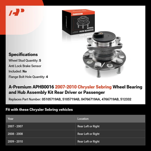 A-Premium APHB0016 2007-2010 Chrysler Sebring Wheel Bearing and Hub Assembly Kit Rear Driver or Passenger