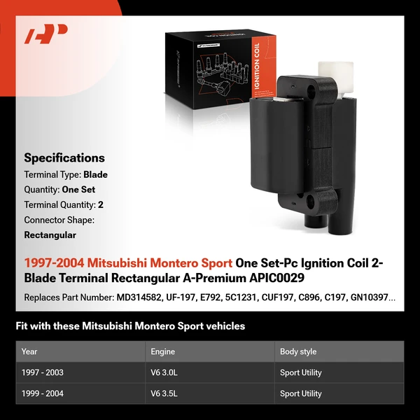 1997-2004 Mitsubishi Montero Sport One Set-Pc Ignition Coil 2-Blade Terminal Rectangular A-Premium APIC0029