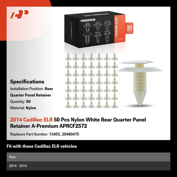 2014 Cadillac ELR 50 Pcs Nylon White Rear Quarter Panel Retainer A-Premium APRCF2572