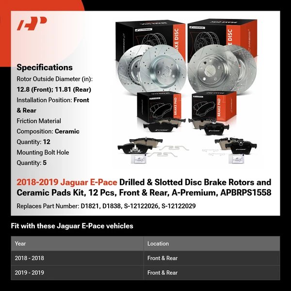 2018-2019 Jaguar E-Pace Drilled & Slotted Disc Brake Rotors and Ceramic Pads Kit, 12 Pcs, Front & Rear, A-Premium, APBRPS1558