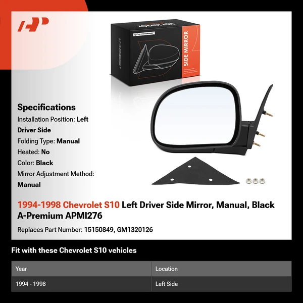 1994-1998 Chevrolet S10 Left Driver Side Mirror, Manual, Black A-Premium APMI276