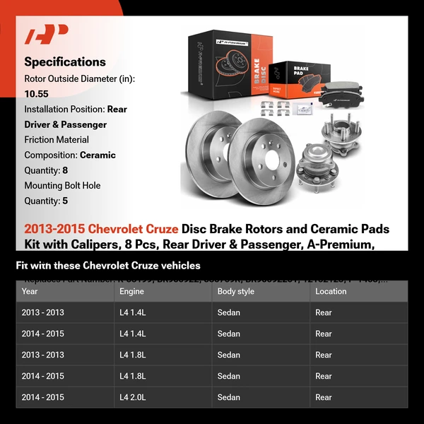 2013-2015 Chevrolet Cruze Disc Brake Rotors and Ceramic Pads Kit with Calipers, 8 Pcs, Rear Driver & Passenger, A-Premium, APBRPR781