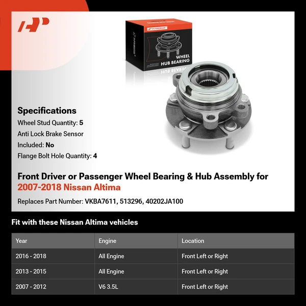 Front Driver or Passenger Wheel Bearing & Hub Assembly for 2007-2018 Nissan Altima